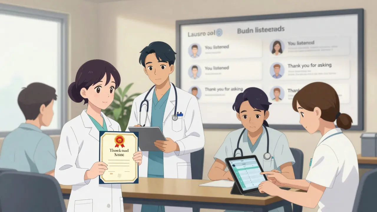 Healthcare team celebrating certifications and patient feedback in a break room.