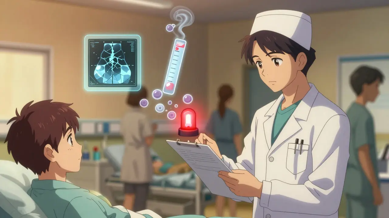 Healthcare team reviewing patient chart with floating icons of lab results and side effects.