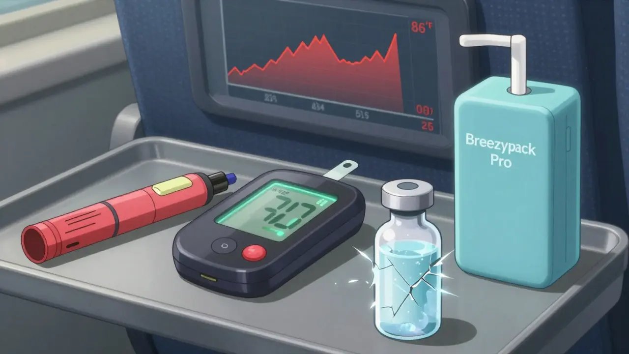 Insulin pen and glucose monitor beside a temperature spike graph, frozen vial cracked next to cooling pack.