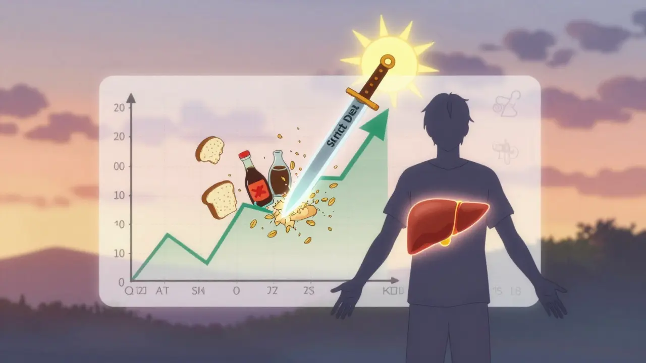 Medical enzyme chart with a gluten-free diet arrow rising, destroying hidden gluten sources, while a healthy liver glows behind the patient.