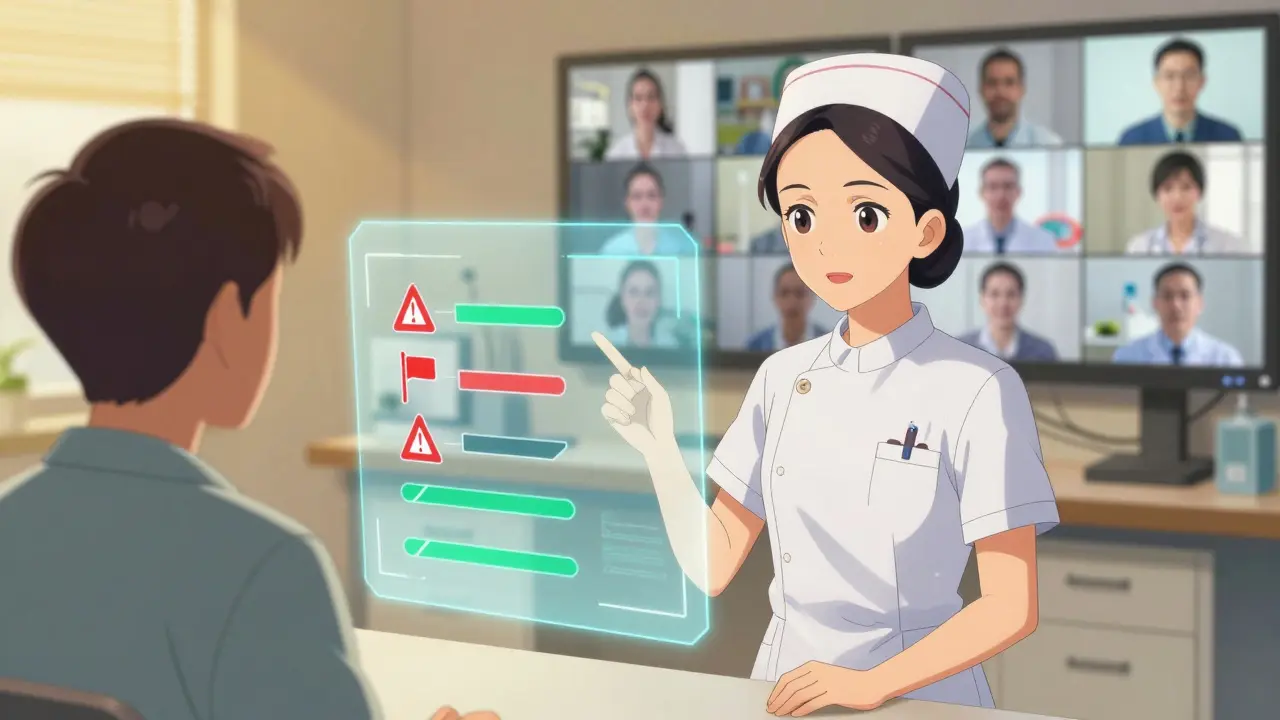 Nurse explaining AI risk alert to patient using transparent holographic visuals.