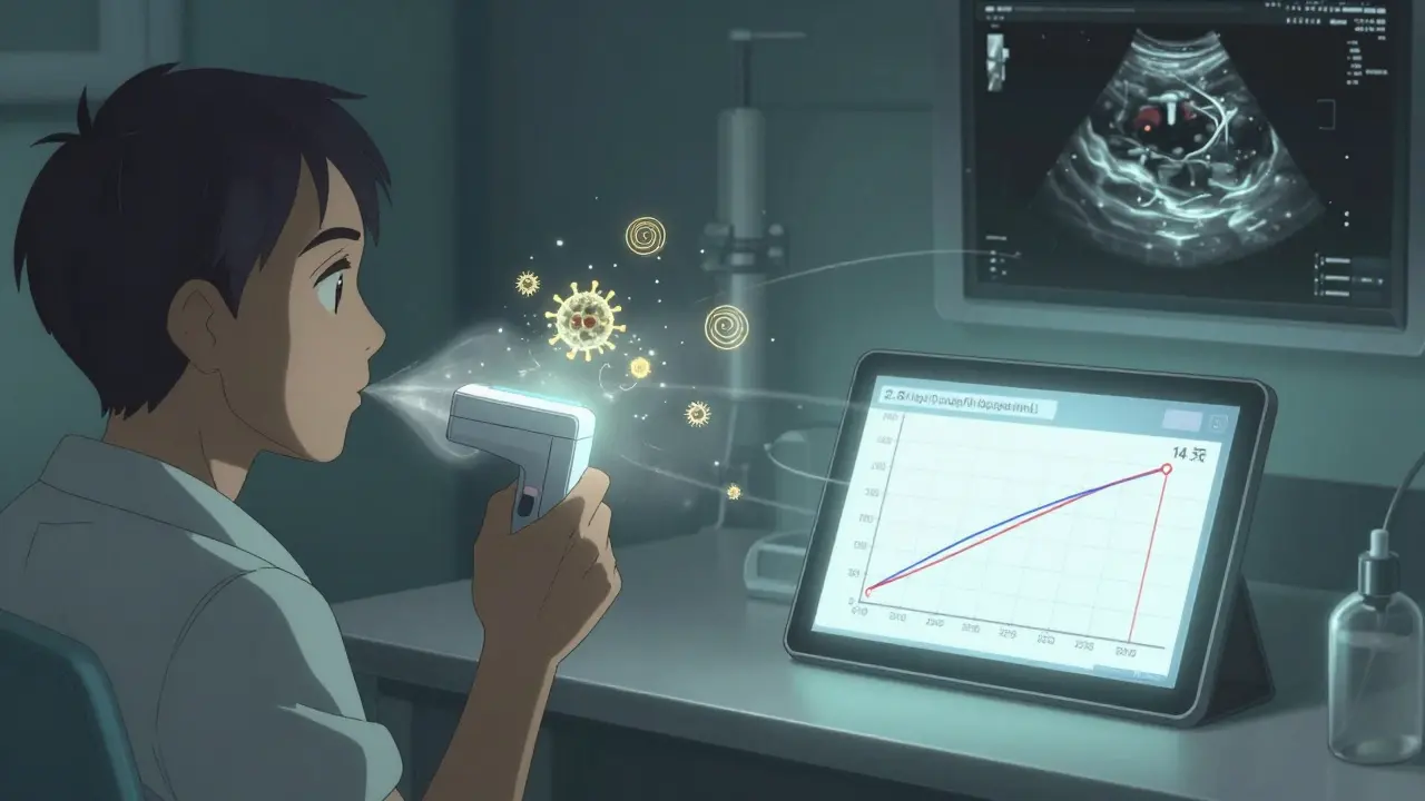 Patient exhaling into a device that detects TTV virus particles, with AI graphs floating nearby.