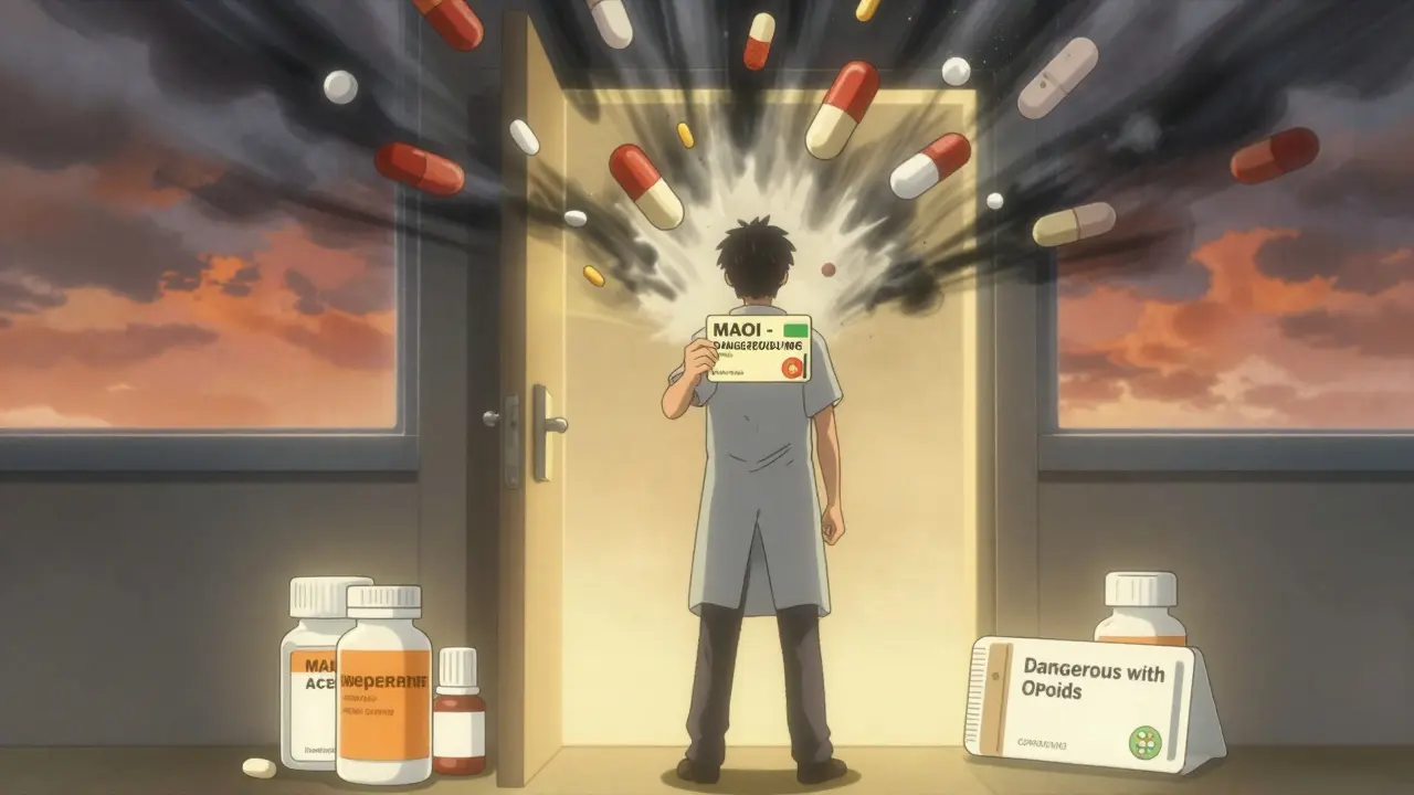 Patient holding safety card, dangerous pills turning to ash, safe painkillers glowing warmly in foreground