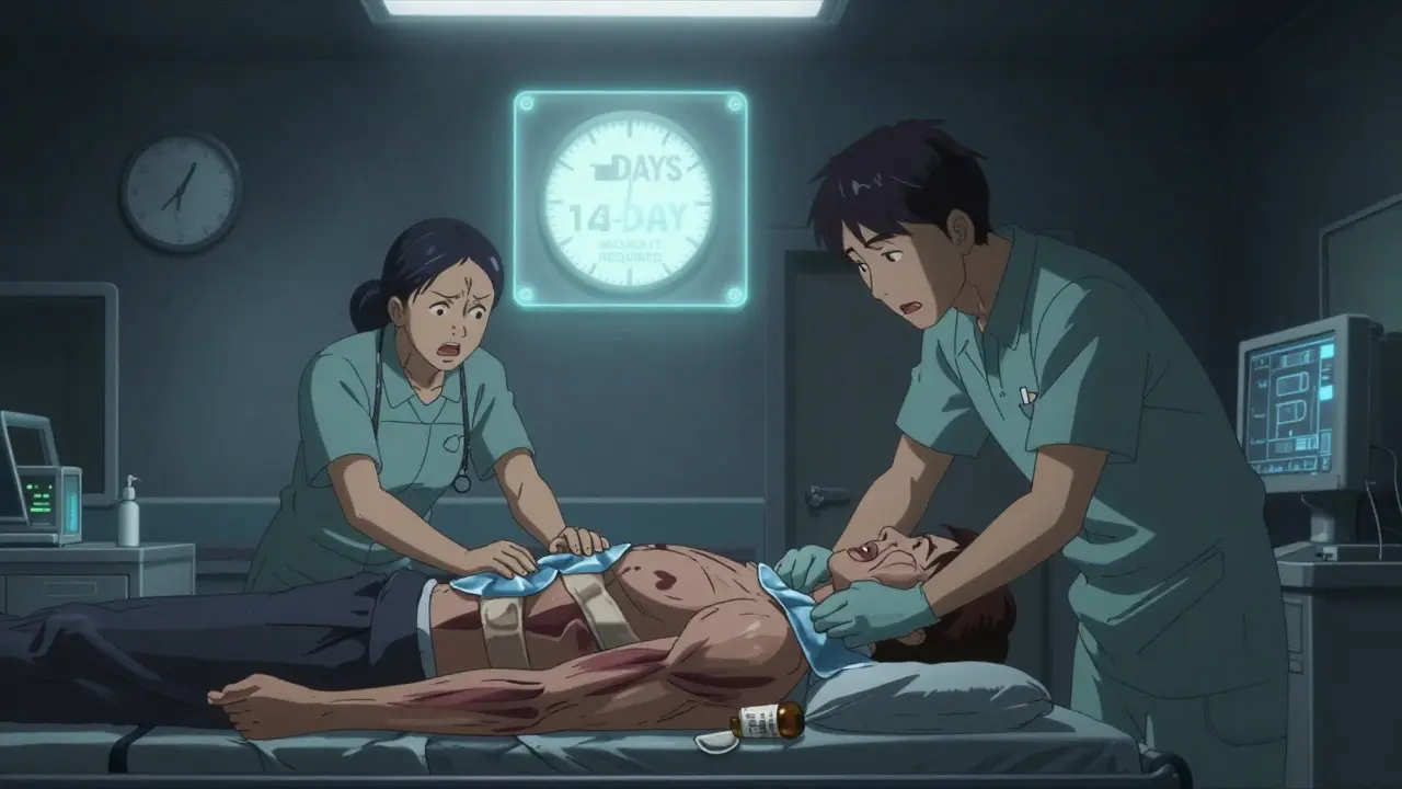 Patient in ER with muscle rigidity, cooling packs applied, clock showing 7 days, dextromethorphan bottle on floor