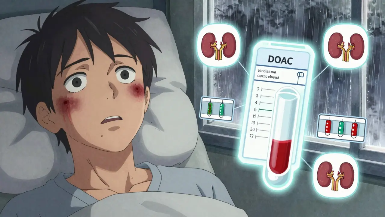 Patient showing bleeding symptoms on one side, blood test showing high DOAC level on the other.