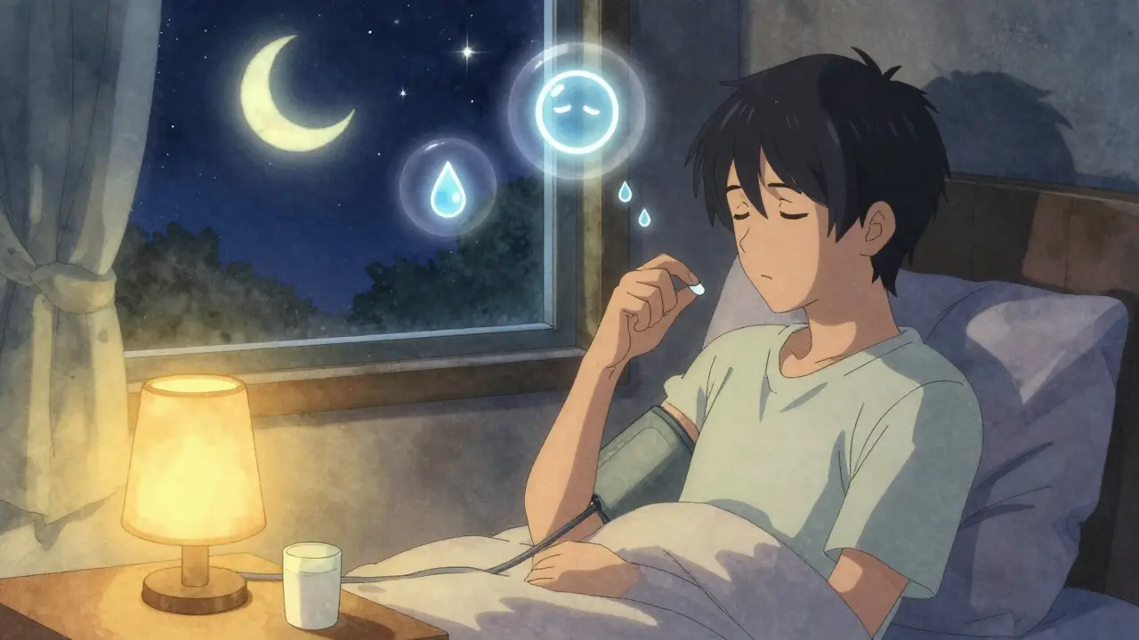 Person taking blood pressure pill at night in a calm, softly lit bedroom.