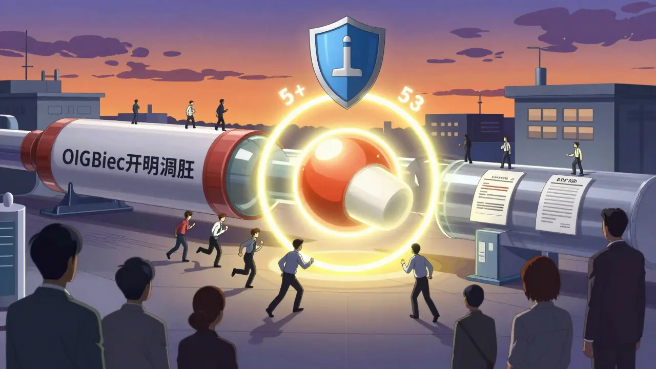 Pharmaceutical pipeline with glowing drug molecule surrounded by a 5-year extension halo and opposing silhouettes.