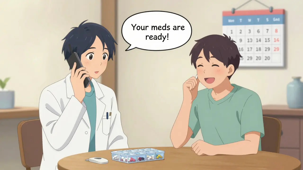 Pharmacist calling a patient at home to confirm medication readiness with a synchronized calendar visible.