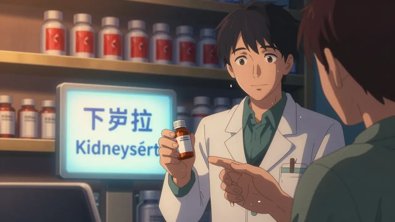 Pharmacist giving celecoxib to patient with warning sign 'Test Kidneys First' in background.