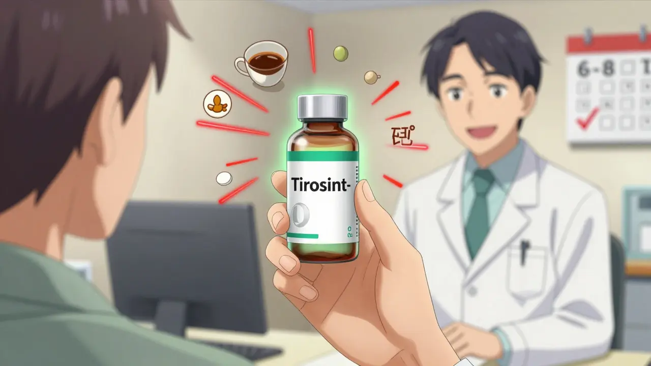 Pharmacist handing liquid thyroid medication, traditional pills surrounded by interference symbols.