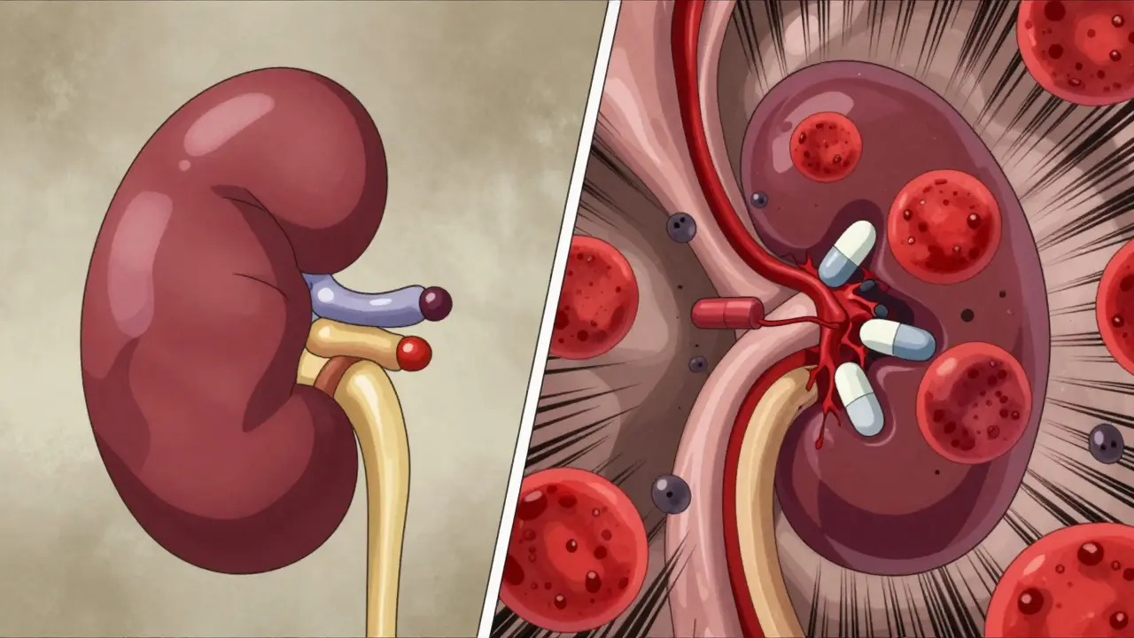 Split image of healthy vs damaged kidney, methotrexate and NSAID molecules blocking filtration.