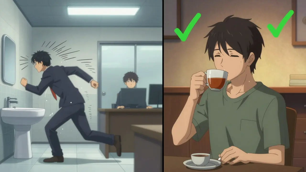 Split scene comparing daytime dizziness with peaceful nighttime dosing.