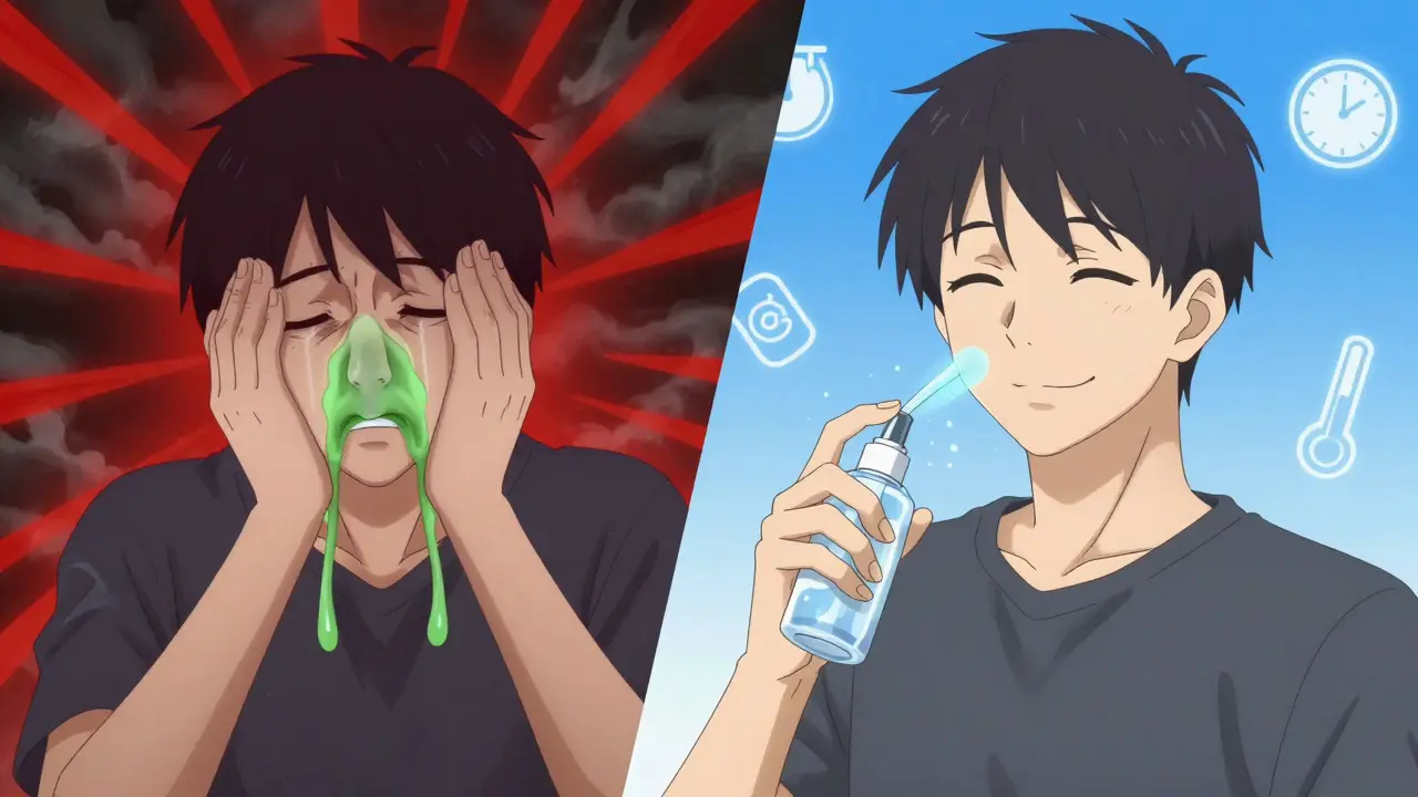 Split scene: person in pain with green mucus vs. same person healthy with saline spray, stormy to calm background transition.