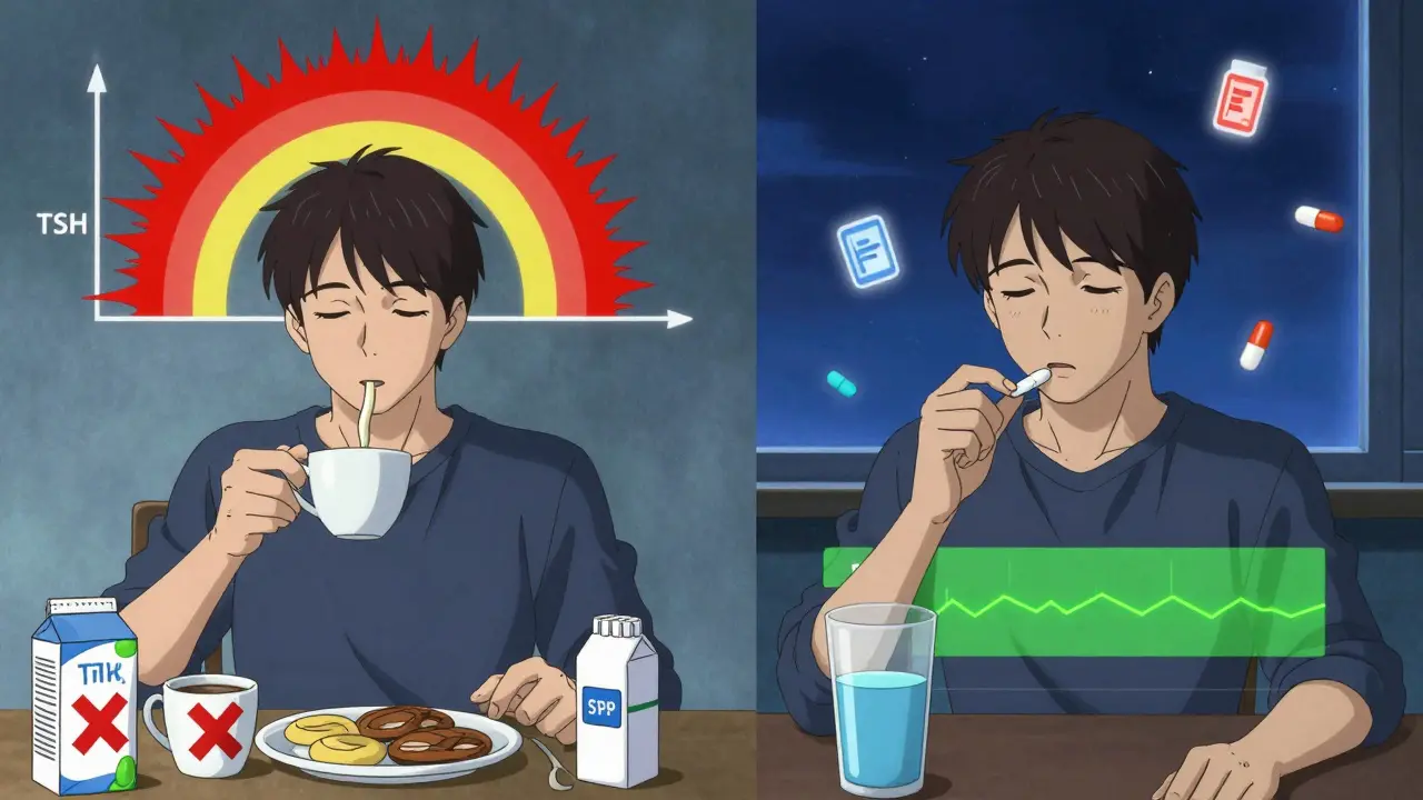 Split scene: person taking thyroid pill with coffee (TSH spikes) vs. at night with water (TSH stable).