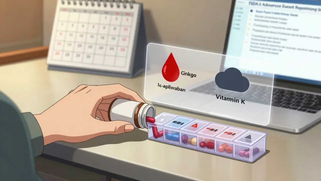 Supplement bottle next to prescription pills with warning overlays for dangerous interactions.