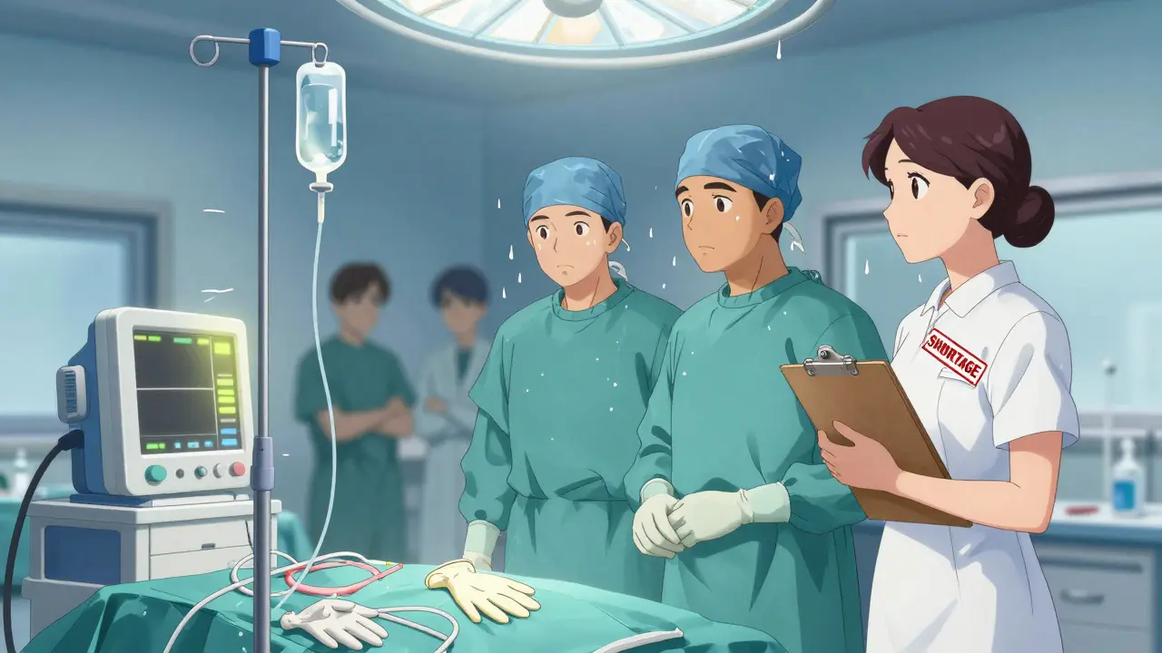 Surgeons in an operating room stopped by an empty IV stand, nurse holding a shortage notice.
