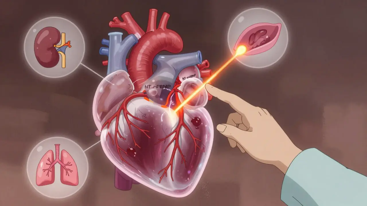 Transparent heart with glowing NT-proBNP peptide flowing out, surrounded by organ icons representing influencing factors.