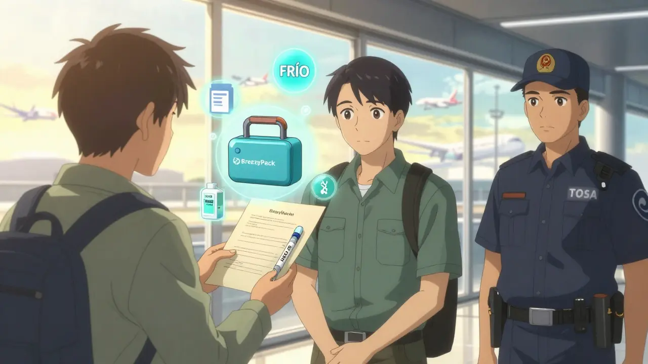 Traveler presenting medical documents at airport security, cooling devices glowing safely around them.