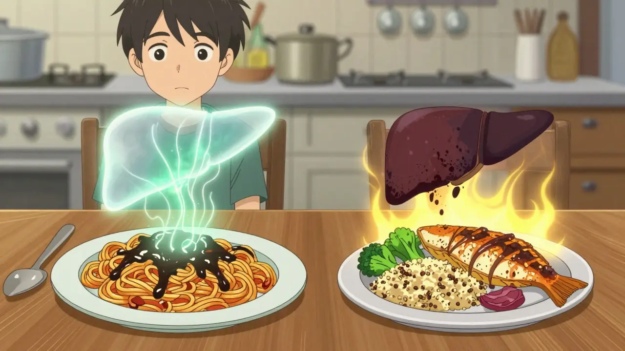 Two plates at a kitchen table: one unhealthy gluten-free junk food, one healthy whole foods, with contrasting liver states above.