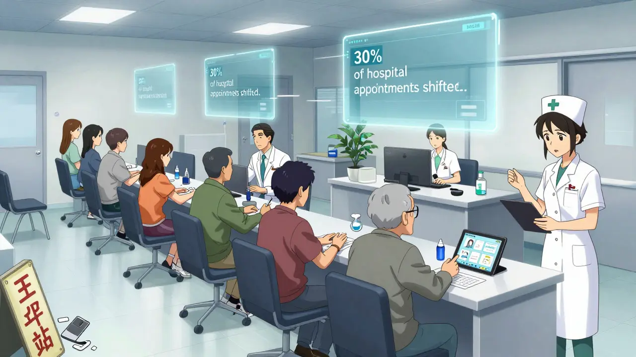 A community diagnostic hub with patients getting scans while a pharmacist works remotely via video call.