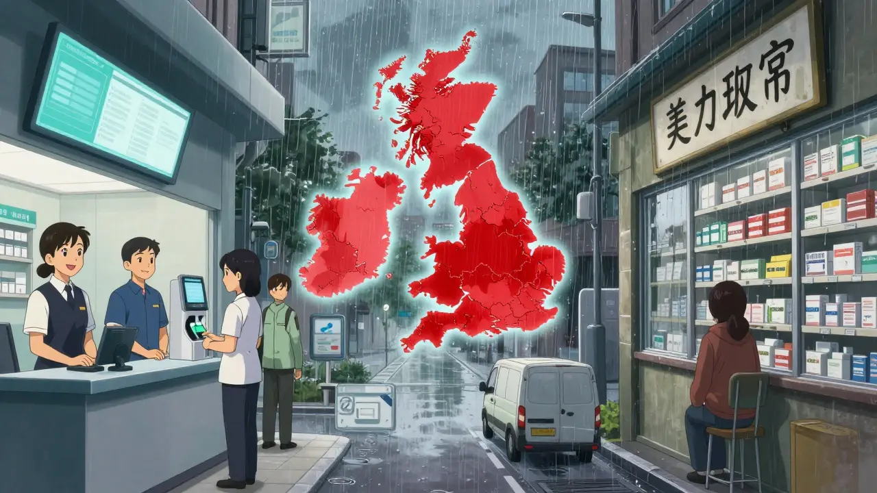 A corporate digital pharmacy contrasted with a struggling independent pharmacy under rainy skies.