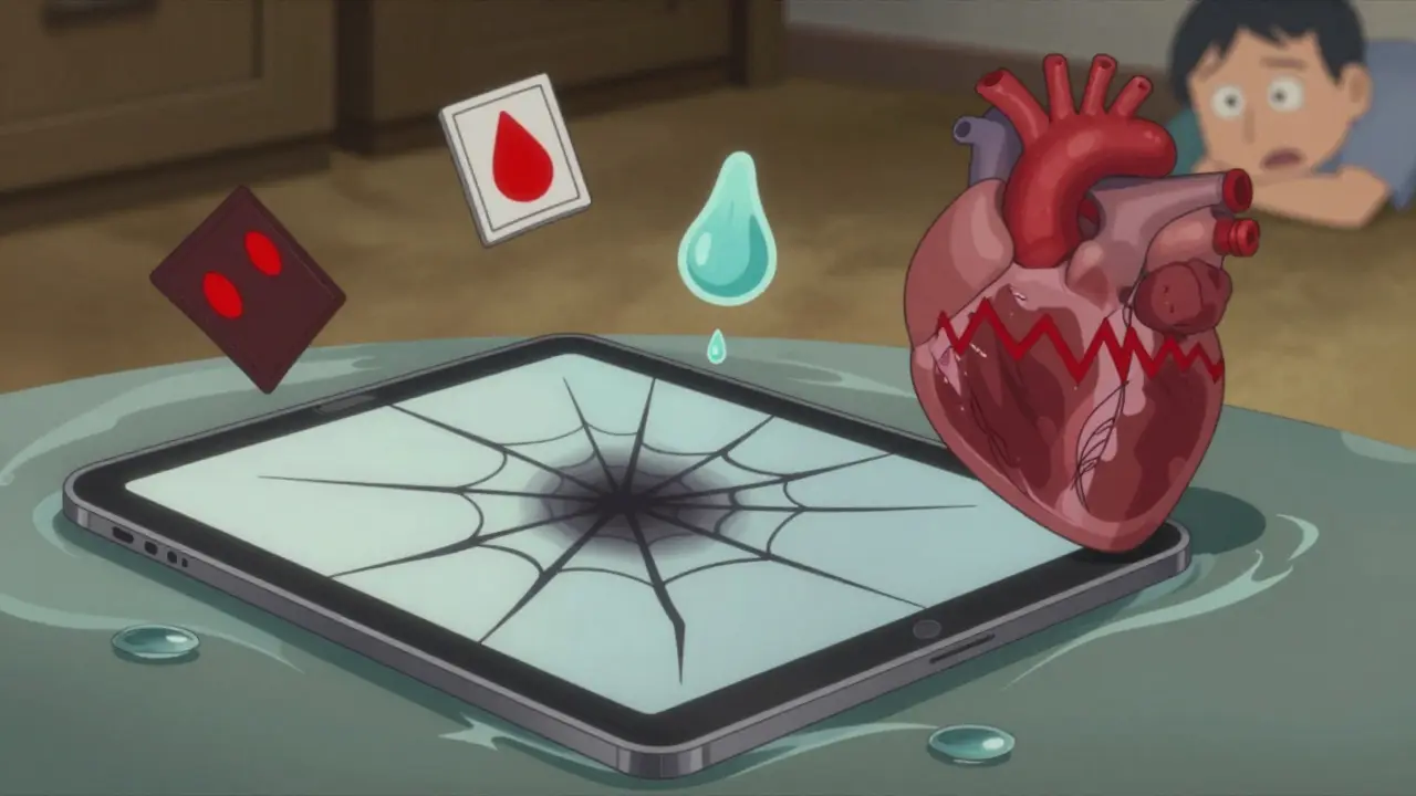 A generic tablet dissolving unevenly in water with a beating heart and icons of drug issues floating nearby.