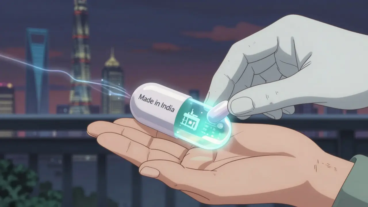 A pill with transparent layers revealing its Indian shell and Chinese-made core, surrounded by flickering factory and FDA warning symbols.