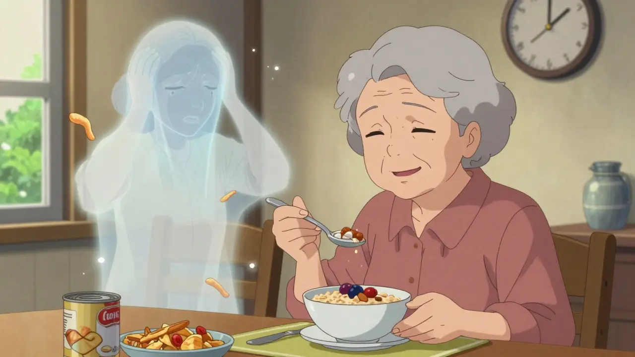 A woman enjoying a healthy meal as a faded version of her past self, overwhelmed by salty foods, disappears into dust.