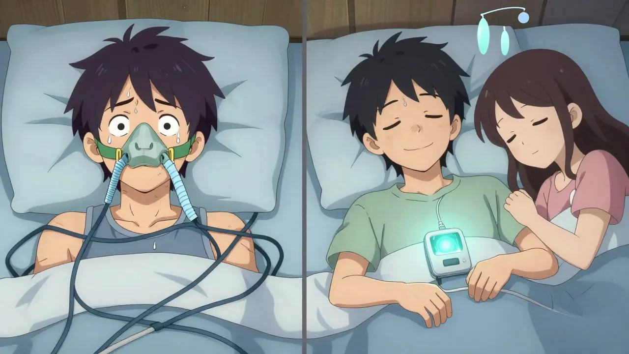 Before-and-after comparison: one side shows CPAP frustration, the other shows restful sleep with an implanted device.