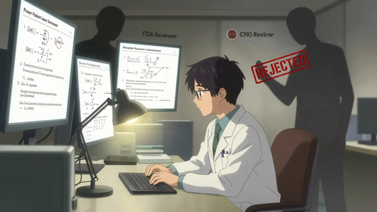 Biostatistician calculates power amid floating formulas, shadowy reviewers looming with rejection stamp.