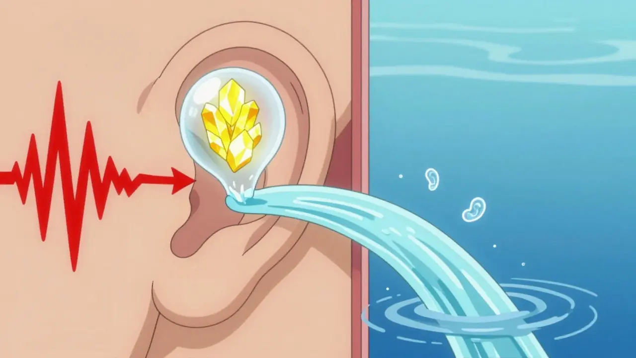 Cross-section of an inner ear showing fluid imbalance caused by sodium, with water flushing out crystals to restore balance.