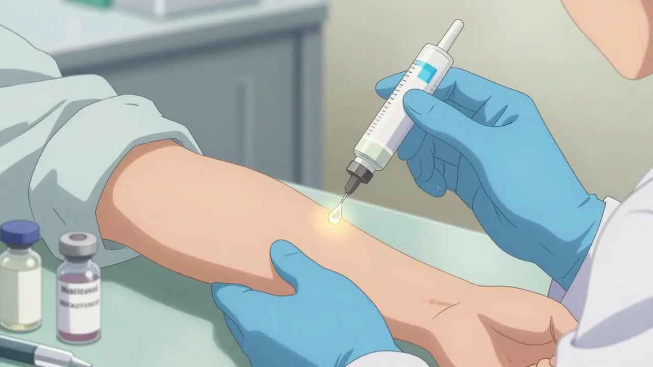 Doctor performing skin prick test with glowing wheal forming on patient's arm.
