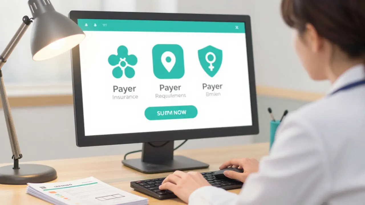 Doctor using computer to submit prior authorization with insurance icons.