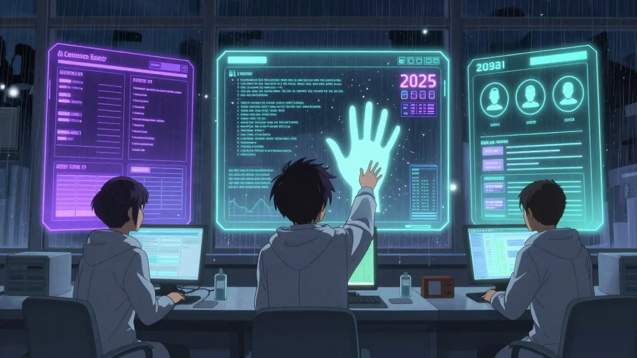 FDA analysts in a control room monitoring holographic data with AI algorithms and a 2025 patient reporting portal glowing on screen.