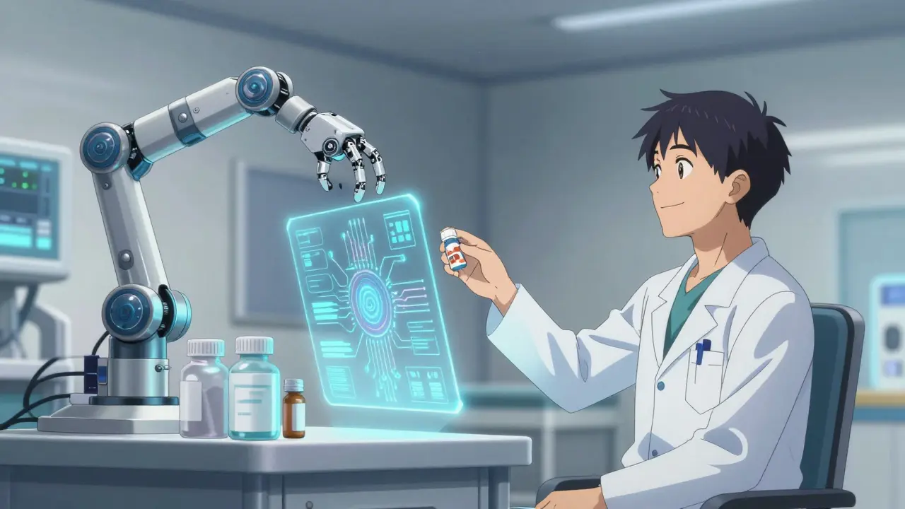 Holographic AI system processing medication approvals with robotic arm.