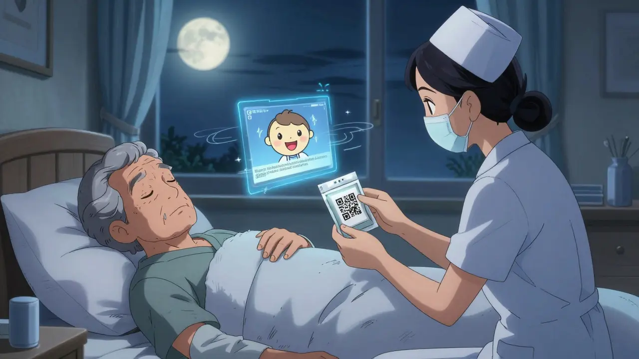 Home health nurse scanning a QR code on a medication pouch that projects a video explanation in Spanish beside a sleeping patient.