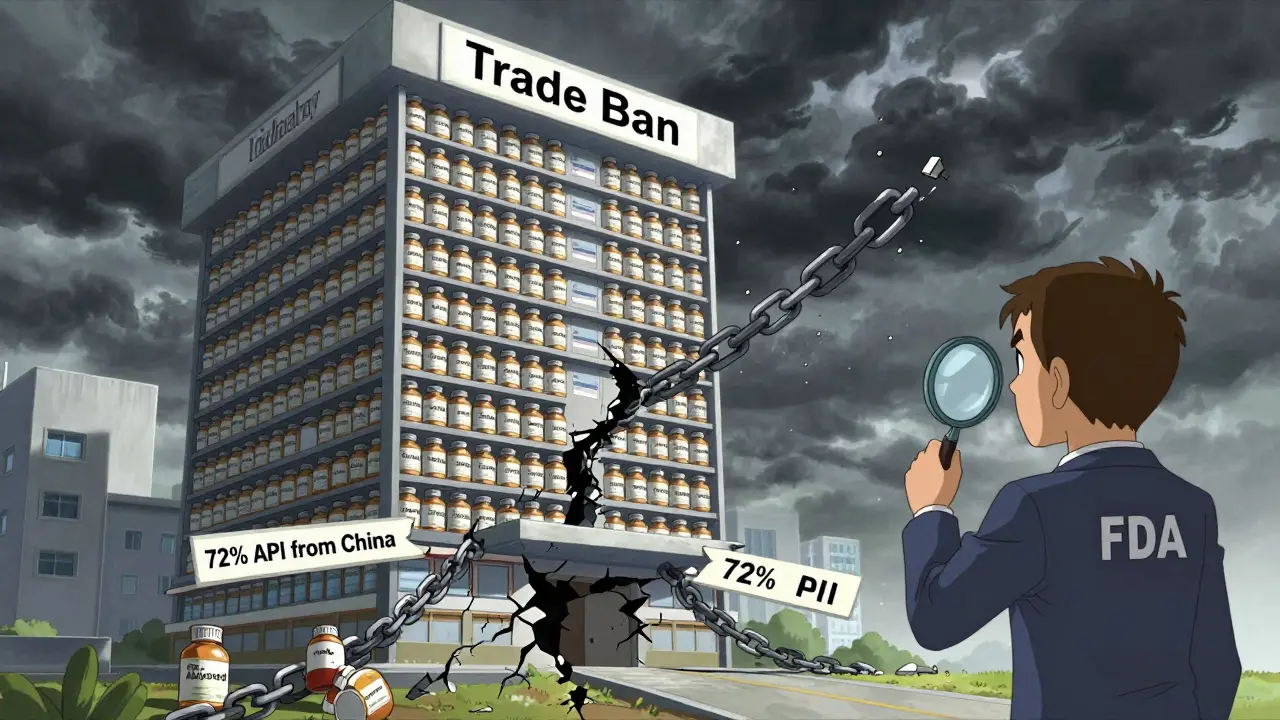 Indian drug factory with crumbling foundation supported by chains labeled 'API from China' as a trade ban storm approaches.