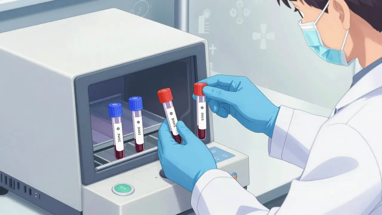 Medical technician processing diagnostic tests in lab