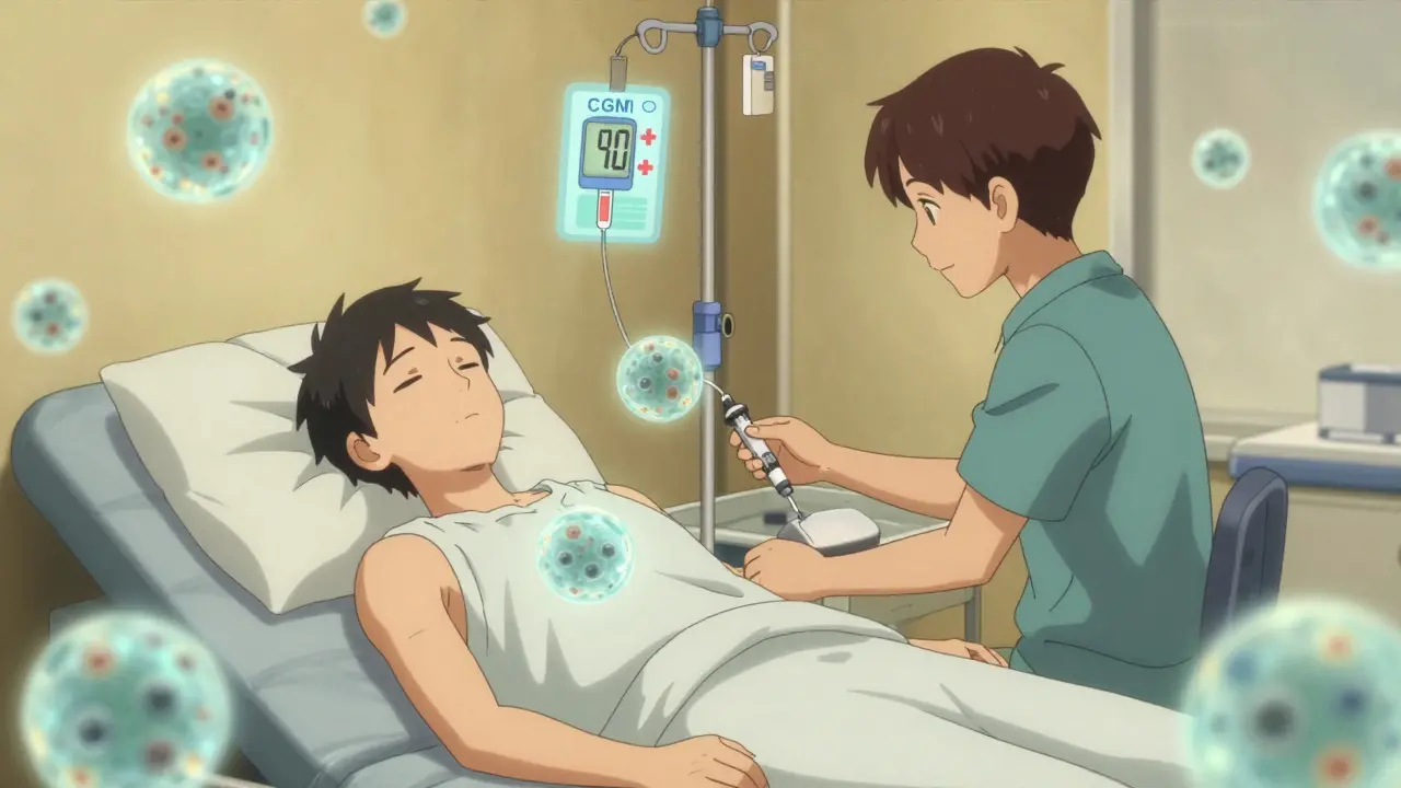 Patient receiving insulin desensitization therapy with immune cells calming and CGM data floating nearby.