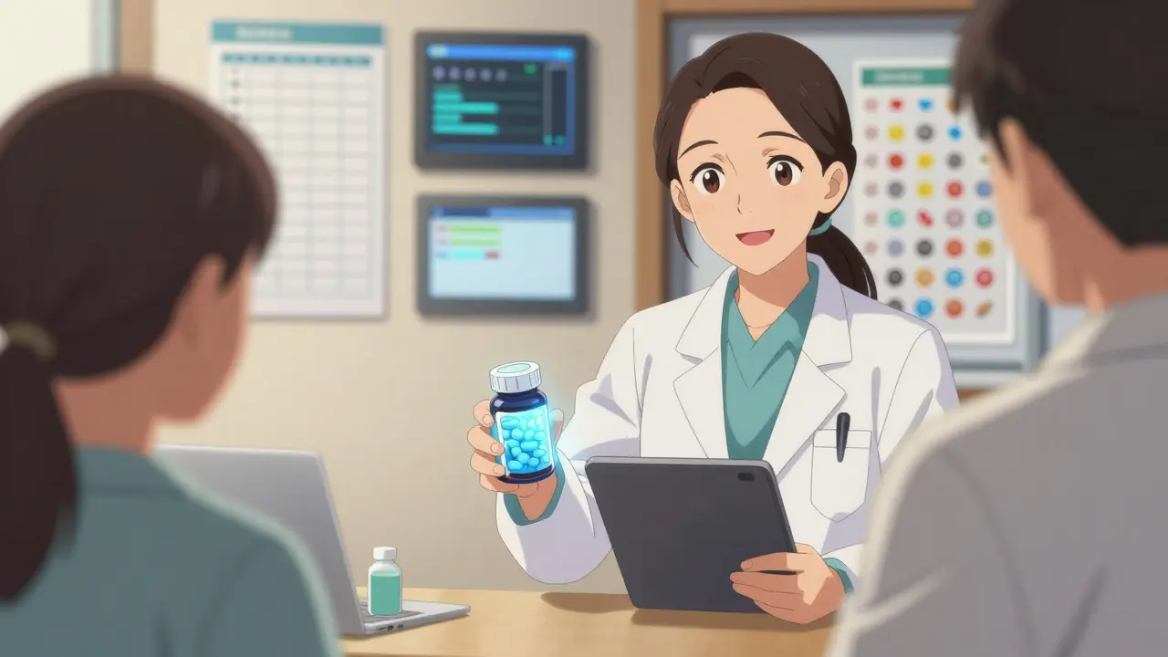 Pharmacist handing a smart pill bottle to a patient with a sticker chart on the fridge.