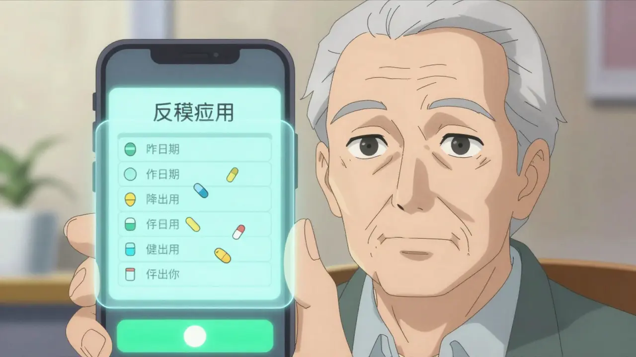 Senior man using facial recognition on a smartphone to verify medication intake, with a digital schedule displayed nearby.