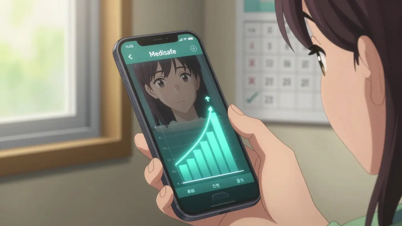 Woman logging her medication in a phone app with a growing progress chart on screen.