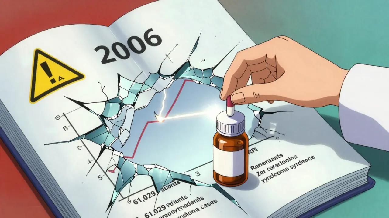 A cracked FDA warning label revealing data showing zero serotonin syndrome cases in thousands of patients.