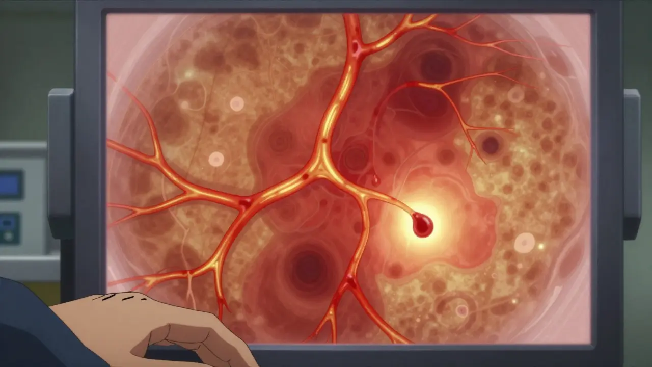 A fundus photo showing glowing retinal blood vessels with a leaking vessel highlighted in golden light.
