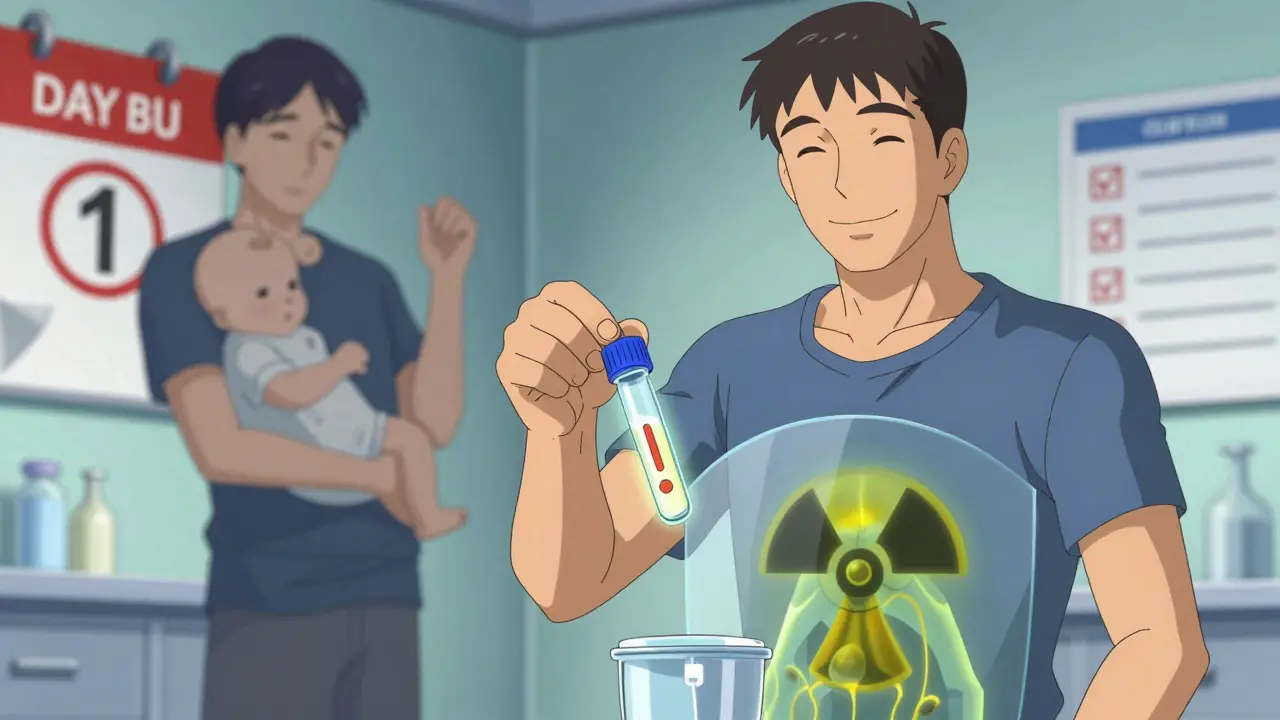 A man freezing sperm with a glowing vial and radiation shield in the background.