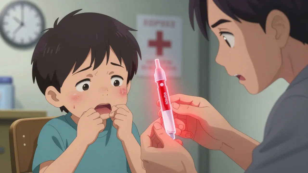 A parent using an expired EpiPen during a child's allergic reaction, with a ghostly image of a functional one beside it.