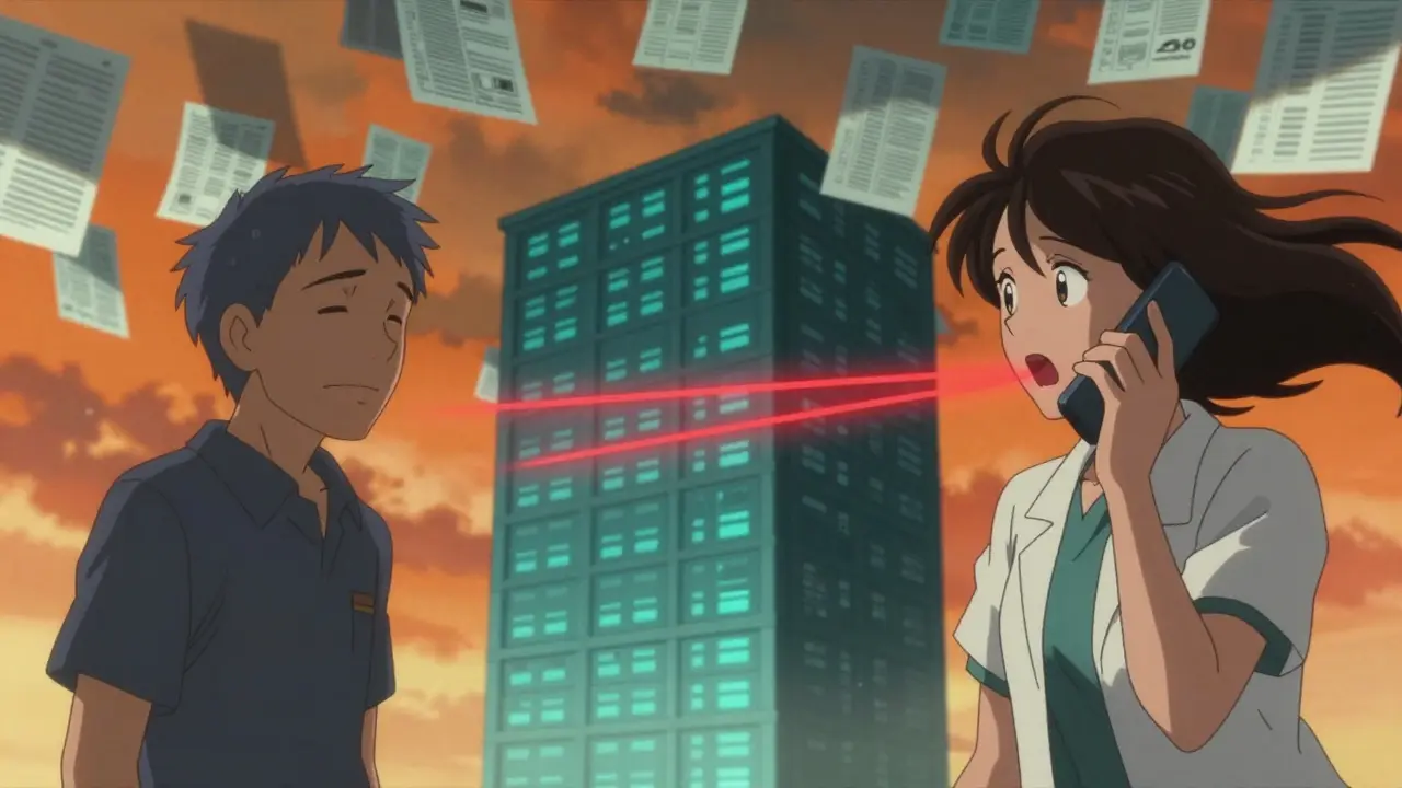 A patient reporting side effects to the FDA while their doctor dismisses them, with reports glowing in the sky.