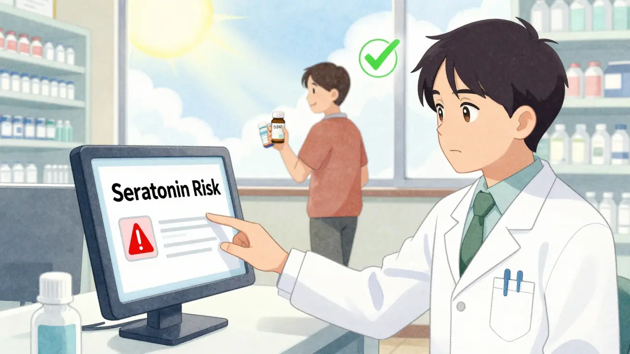 A pharmacist hesitating at a pharmacy counter while a patient walks away happily with both medications.