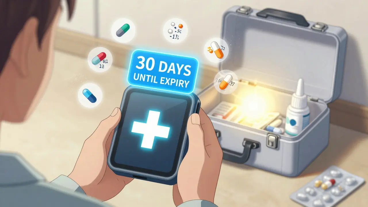 A smart first-aid kit glowing with an expiration alert, surrounded by fading medication icons as a clean new kit replaces the old.