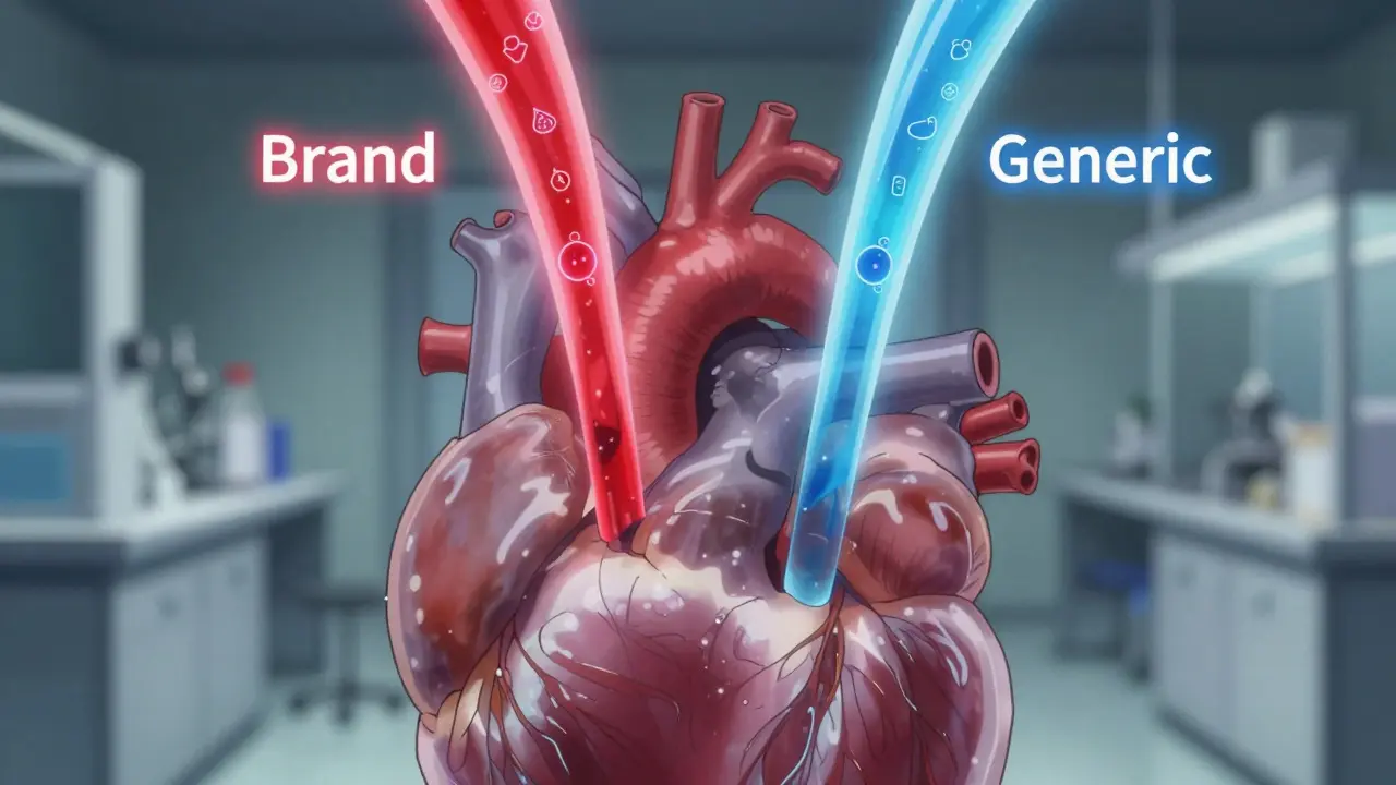 A transparent heart receiving two identical medicine streams labeled Brand and Generic.
